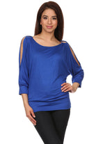 Royal blue Solid, loose fitting, 3/4 sleeve top with a scoop neck, open sleeves and ring detail on shoulders.