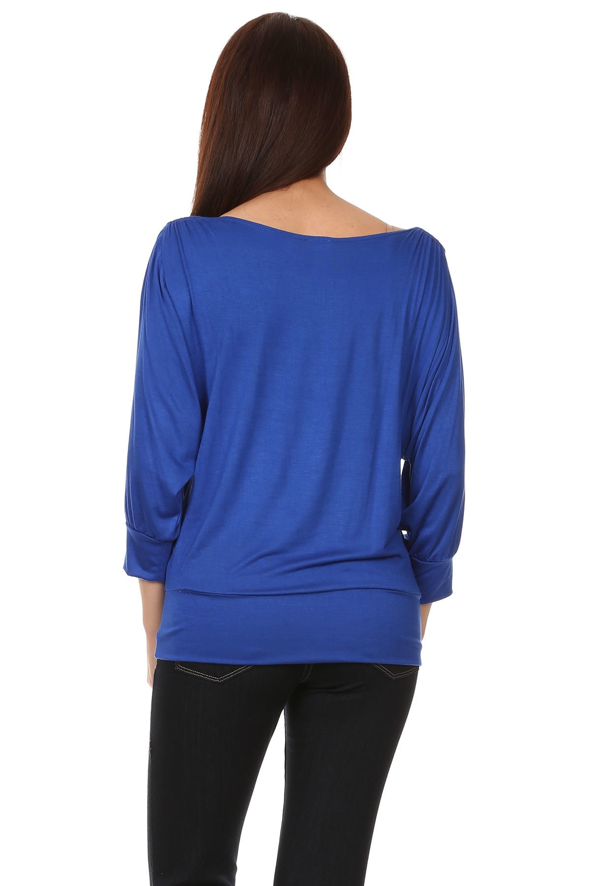 Royal blue Solid, loose fitting, 3/4 sleeve top with a scoop neck, open sleeves and ring detail on shoulders.