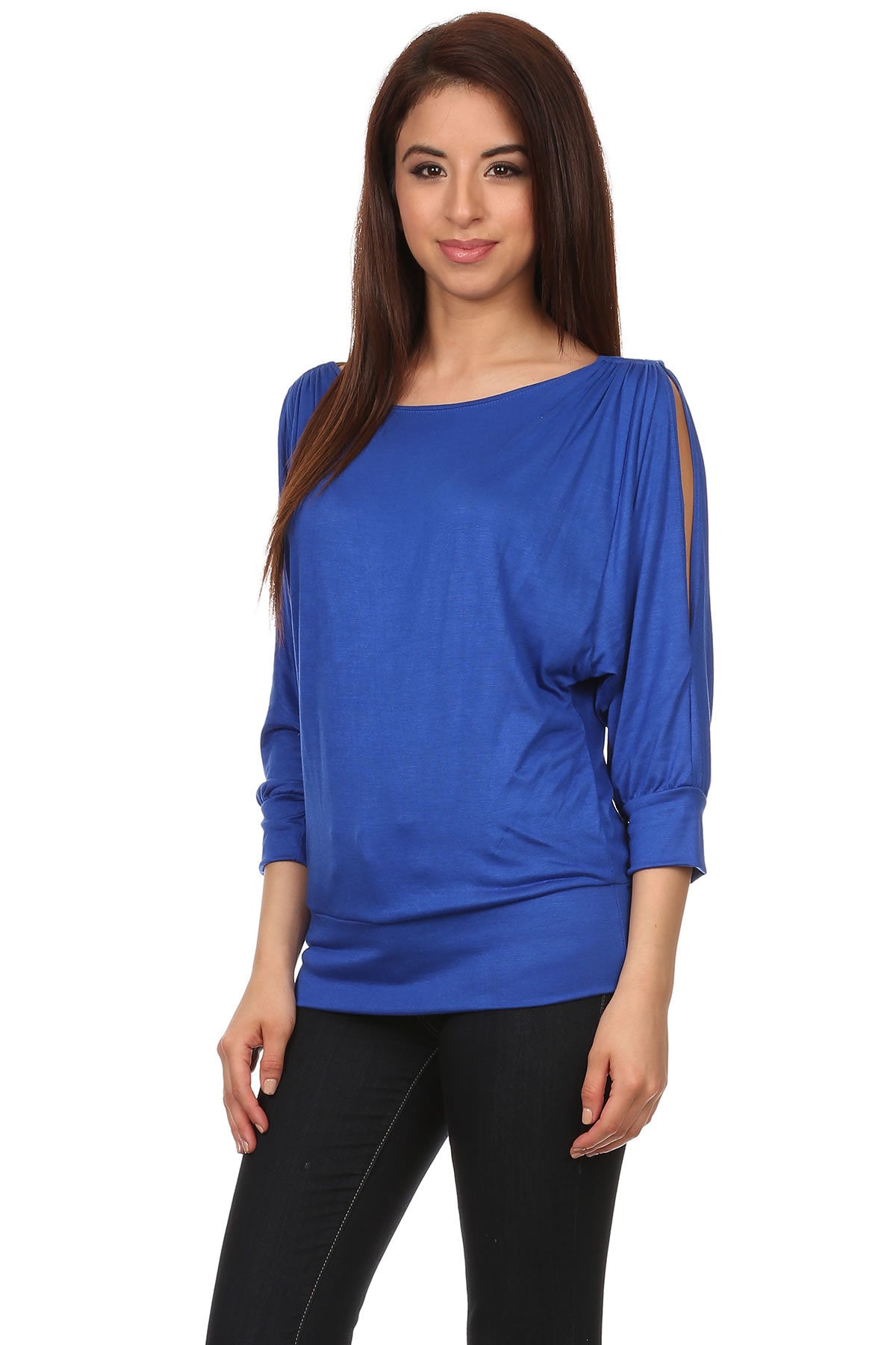 Royal blue Solid, loose fitting, 3/4 sleeve top with a scoop neck, open sleeves and ring detail on shoulders.