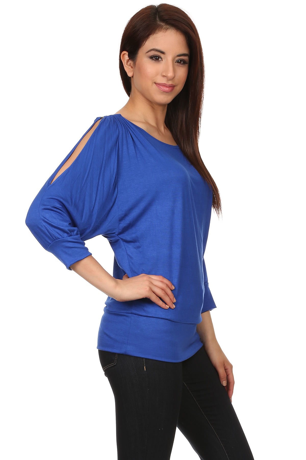 Royal blue Solid, loose fitting, 3/4 sleeve top with a scoop neck, open sleeves and ring detail on shoulders.