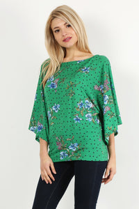 Green Floral Curvy Top With Bell Sleeves and Round Neckline