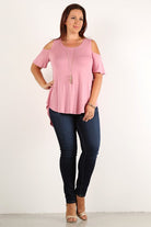Dusty Pink Short Sleeve Cold Shoulder Top with solid color, waist length, short sleeves in a relaxed style with a crew neck, open sleeves and a hi-lo hem