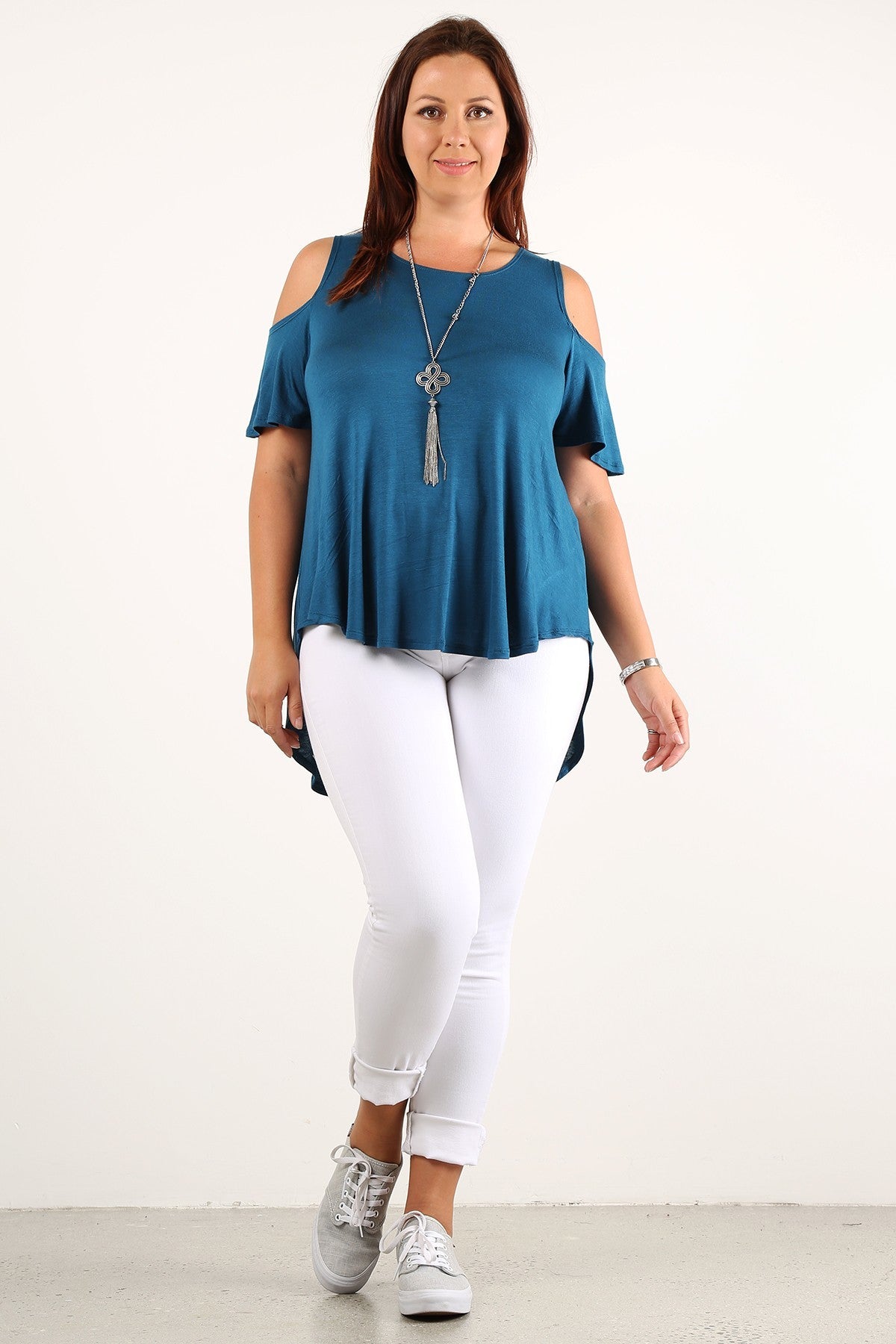 Dusty Pink Short Sleeve Cold Shoulder Top with solid color, waist length, short sleeves in a relaxed style with a crew neck, open sleeves and a hi-lo hem