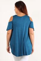 Dusty Pink Short Sleeve Cold Shoulder Top with solid color, waist length, short sleeves in a relaxed style with a crew neck, open sleeves and a hi-lo hem