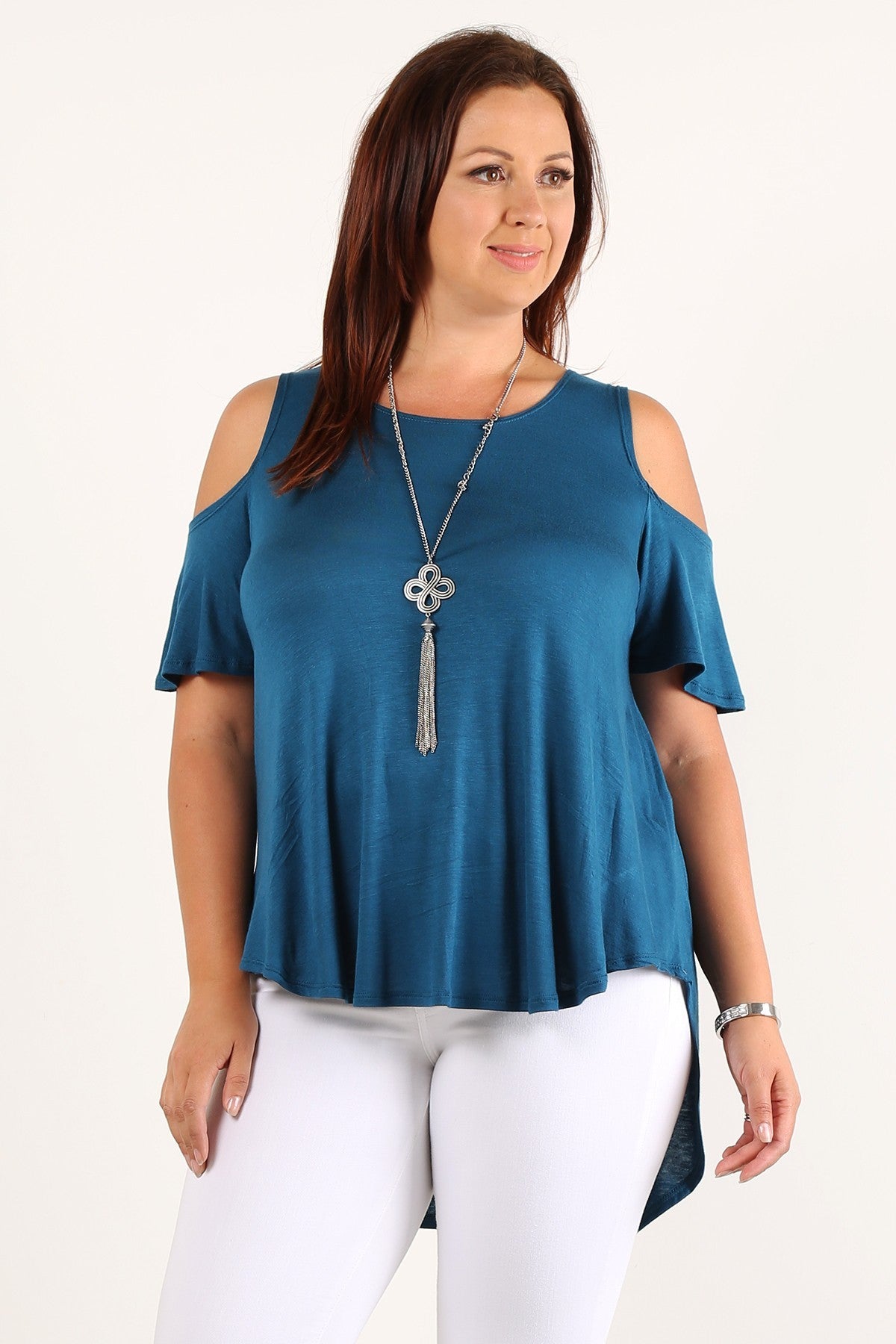 Dusty Pink Short Sleeve Cold Shoulder Top with solid color, waist length, short sleeves in a relaxed style with a crew neck, open sleeves and a hi-lo hem