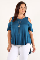 Dusty Pink Short Sleeve Cold Shoulder Top with solid color, waist length, short sleeves in a relaxed style with a crew neck, open sleeves and a hi-lo hem