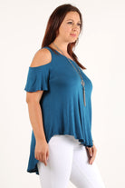 Dusty Pink Short Sleeve Cold Shoulder Top with solid color, waist length, short sleeves in a relaxed style with a crew neck, open sleeves and a hi-lo hem