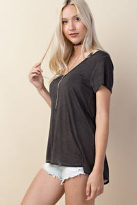 Charcoal V-Neck Short Sleeve T-Shirt With Shoulder Cutouts