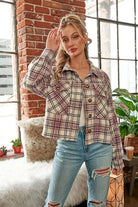 Lilac Plaid Crop Shacket with two button down front pockets, button front & sleeves.

Color: Lilac, Ivory and Black Plaid