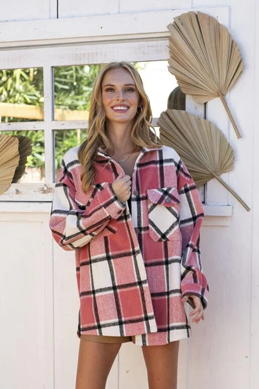 Brave Pink, Off White & Black Plaid Long Sleeve Shacket. Relaxed Oversized Fit with two chest pockets, button front and sleeves, with slit sides.

* Color: Pink, Off White, Black Plaid