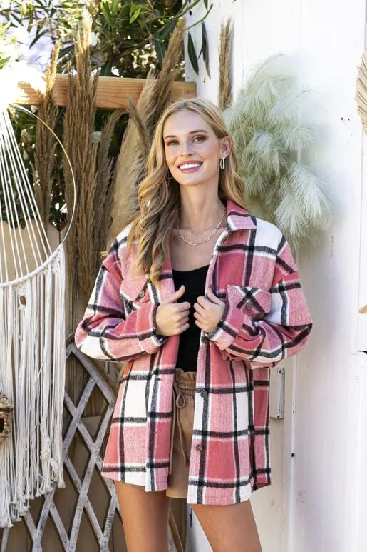 Brave Pink, Off White & Black Plaid Long Sleeve Shacket. Relaxed Oversized Fit with two chest pockets, button front and sleeves, with slit sides.

* Color: Pink, Off White, Black Plaid