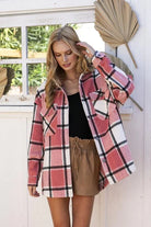 Brave Pink, Off White & Black Plaid Long Sleeve Shacket. Relaxed Oversized Fit with two chest pockets, button front and sleeves, with slit sides.

* Color: Pink, Off White, Black Plaid