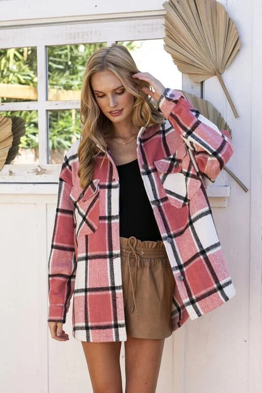Brave Pink, Off White & Black Plaid Long Sleeve Shacket. Relaxed Oversized Fit with two chest pockets, button front and sleeves, with slit sides.

* Color: Pink, Off White, Black Plaid