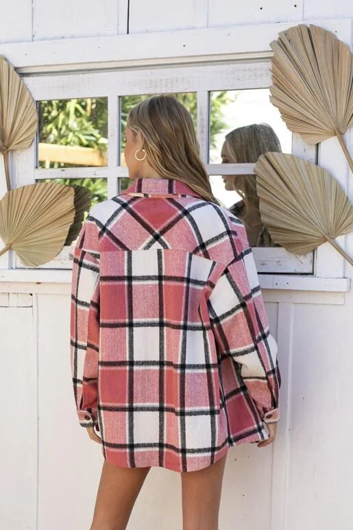 Brave Pink, Off White & Black Plaid Long Sleeve Shacket. Relaxed Oversized Fit with two chest pockets, button front and sleeves, with slit sides.

* Color: Pink, Off White, Black Plaid