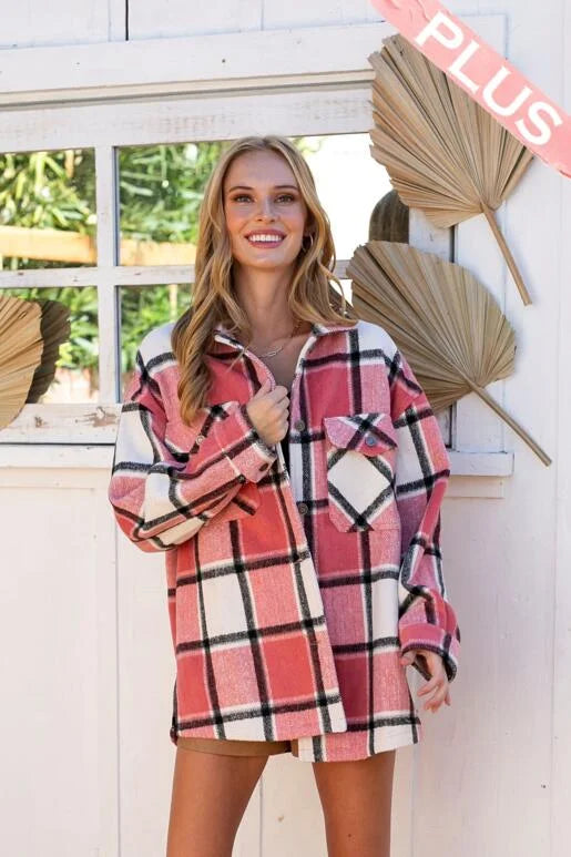 Confident Pink, Off White & Black Plaid Long Sleeve Curvy Shacket. Relaxed Oversized Fit with two chest pockets, button front and sleeves, with slit sides.

* Color: Pink, Off White, Black Plaid