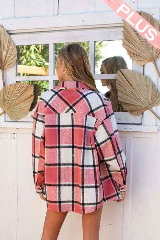 Confident Pink, Off White & Black Plaid Long Sleeve Curvy Shacket. Relaxed Oversized Fit with two chest pockets, button front and sleeves, with slit sides.

* Color: Pink, Off White, Black Plaid