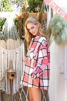 Confident Pink, Off White & Black Plaid Long Sleeve Curvy Shacket. Relaxed Oversized Fit with two chest pockets, button front and sleeves, with slit sides.

* Color: Pink, Off White, Black Plaid