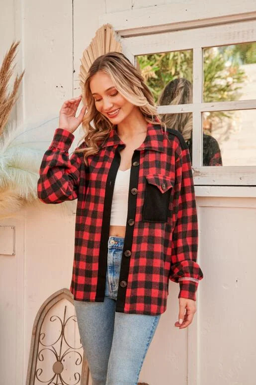 Let's Go Bison Red and Black Plaid Knit Shirt Jacket. Lightweight with Functional buttons. Solid color on the placket and back yoke
Chest pocket.

SIZE & FIT: Runs Large. Size down one if you prefer a more fitted look.