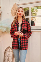 Let's Go Bison Red and Black Plaid Knit Shirt Jacket. Lightweight with Functional buttons. Solid color on the placket and back yoke
Chest pocket.

SIZE & FIT: Runs Large. Size down one if you prefer a more fitted look.