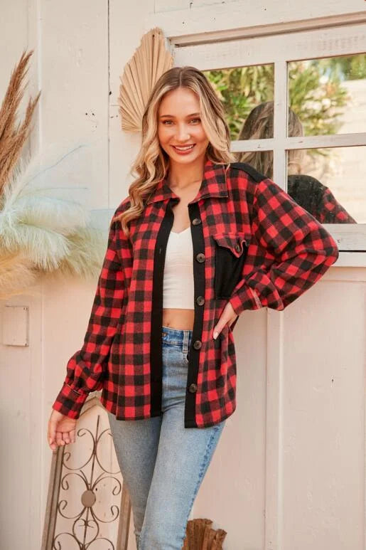 Let's Go Bison Red and Black Plaid Knit Shirt Jacket. Lightweight with Functional buttons. Solid color on the placket and back yoke
Chest pocket.

SIZE & FIT: Runs Large. Size down one if you prefer a more fitted look.