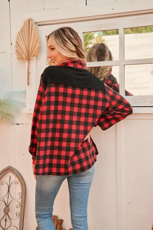 Let's Go Bison Red and Black Plaid Knit Shirt Jacket. Lightweight with Functional buttons. Solid color on the placket and back yoke
Chest pocket.

SIZE & FIT: Runs Large. Size down one if you prefer a more fitted look.