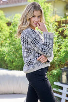 Casual Business Taupe and Black Plaid Cardigan. Shorter length and roomy fit with button up front, medium weight.