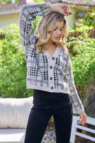 Casual Business Taupe and Black Plaid Cardigan. Shorter length and roomy fit with button up front, medium weight.