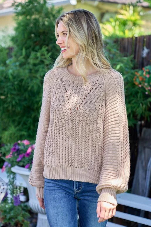 Warm up with this cozy Taupe Chevron Textured Sweater.

Roomy Fit with Bubble Sleeve and Out seam detail on the armhole. Size down one for a more fitted look.