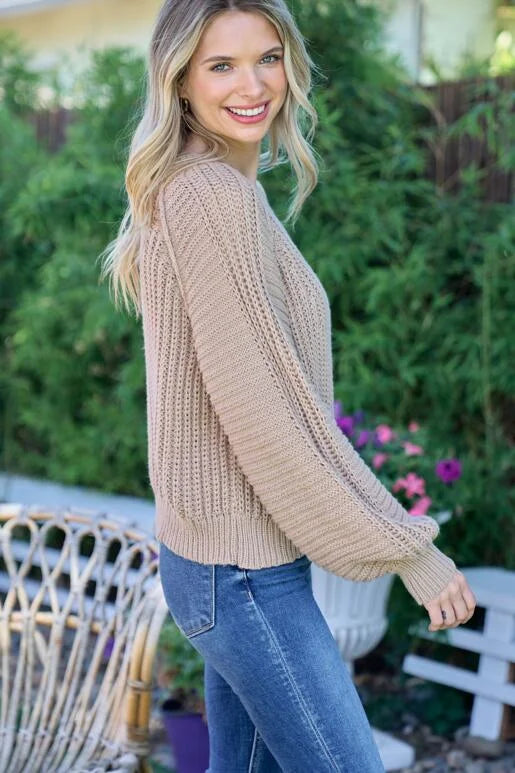 Warm up with this cozy Taupe Chevron Textured Sweater.

Roomy Fit with Bubble Sleeve and Out seam detail on the armhole. Size down one for a more fitted look.