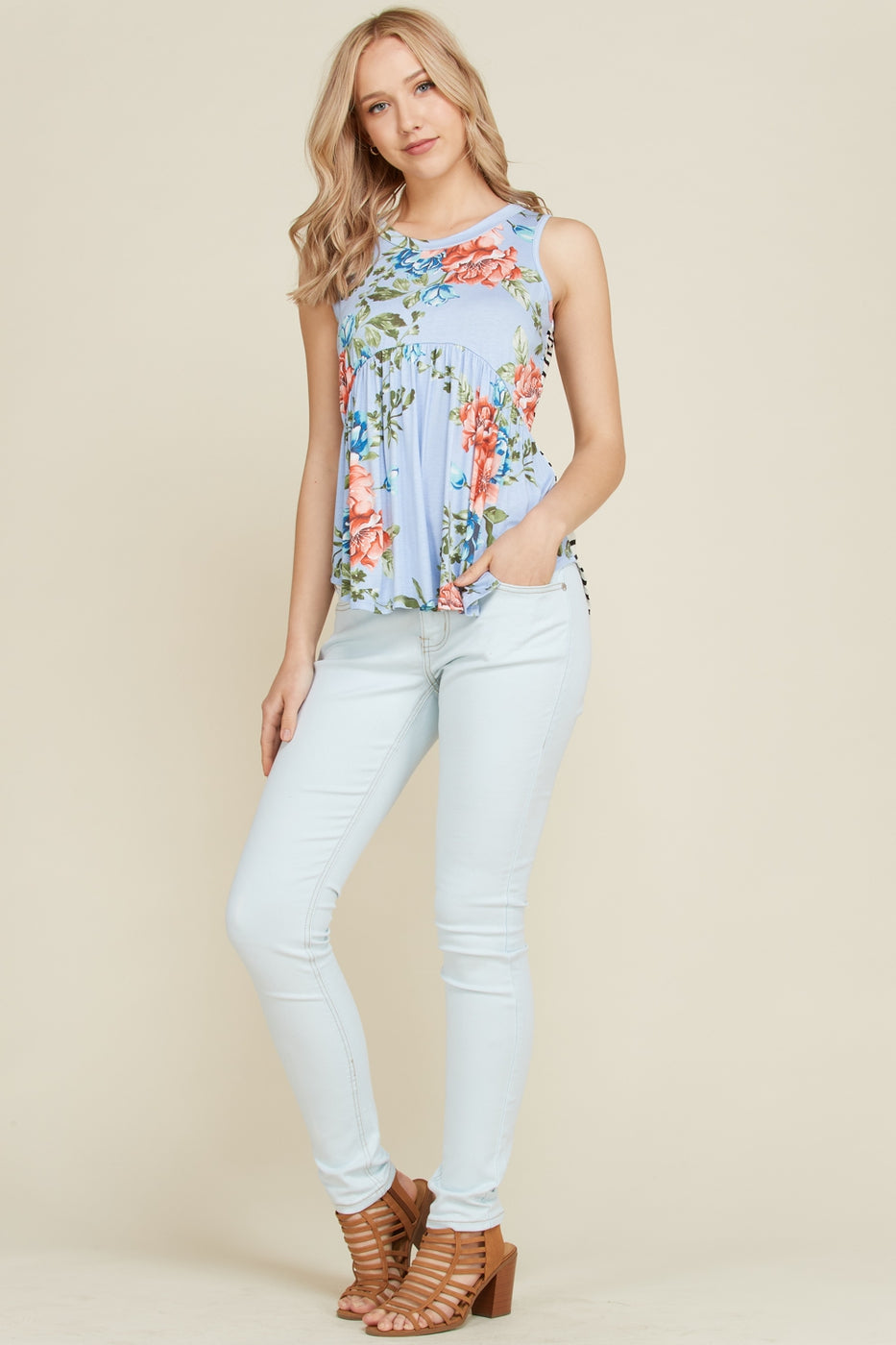 Innocent Blue Floral and Stripes Sleeveless Babydoll Tunic