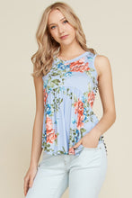 Sky blue floral and stripes sleeveless babydoll tunic Top
