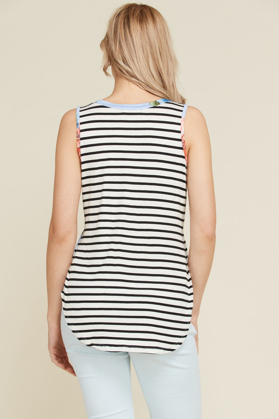 Innocent Blue Floral and Stripes Sleeveless Babydoll Tunic