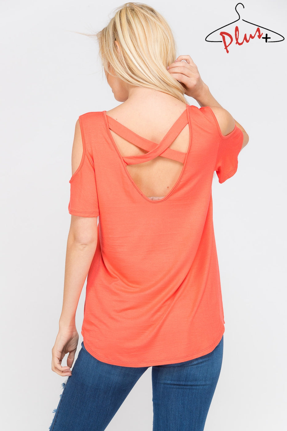 Crisscross Cold Shoulder Coral Top in Curvy Sizes