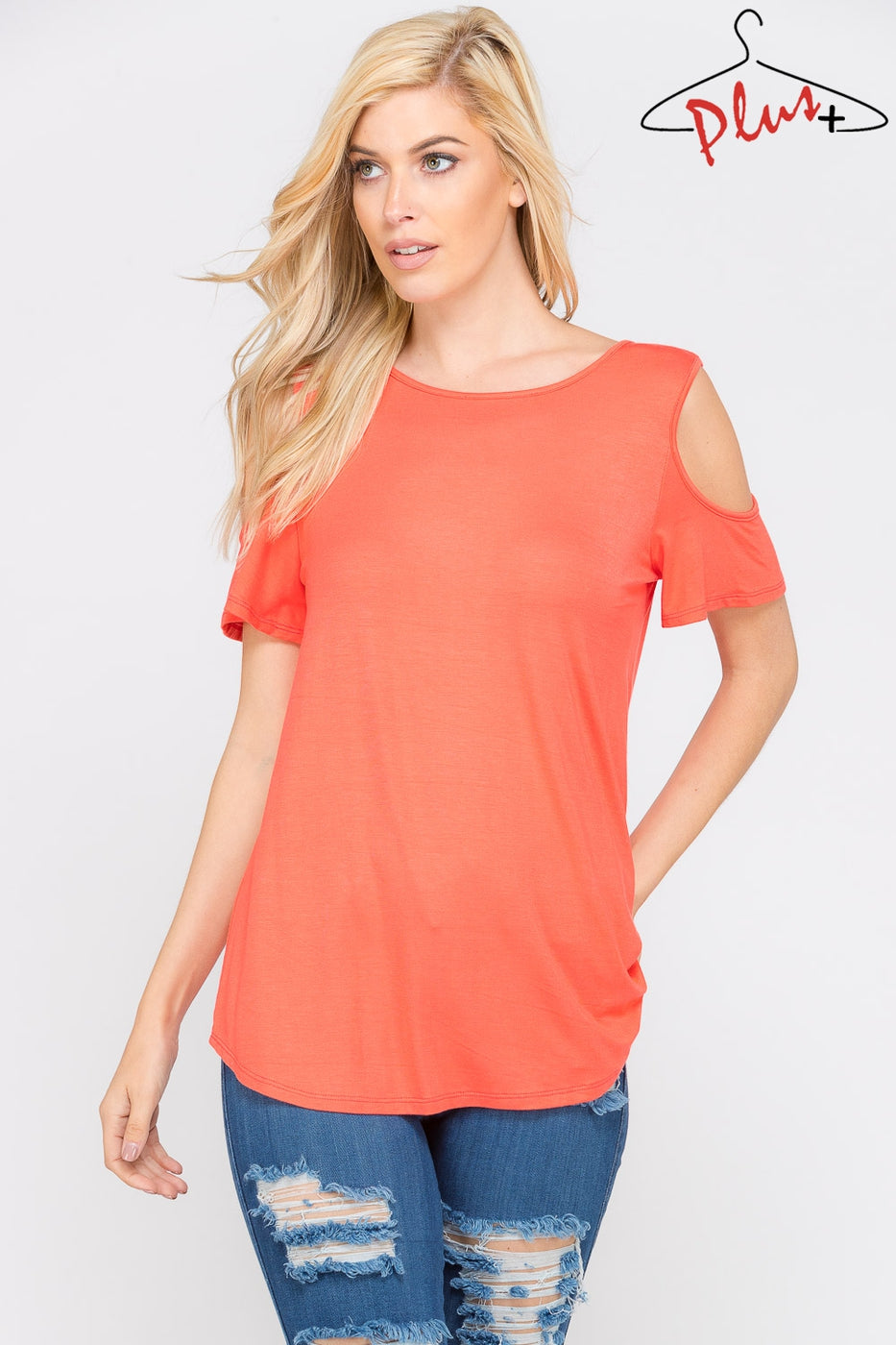 Crisscross Cold Shoulder Coral Top in Curvy Sizes