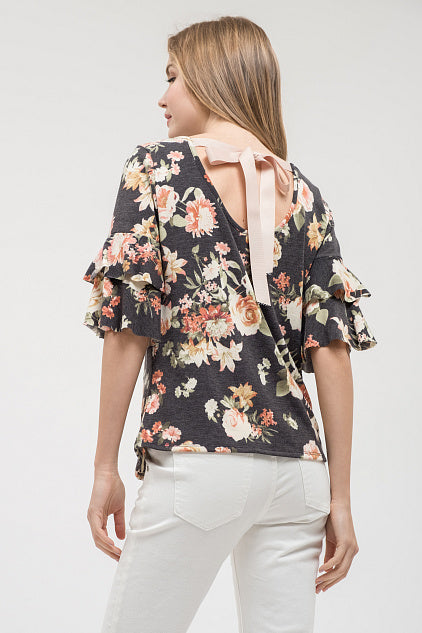 Charcoal Gray Floral Knit Top with Ruffle Sleeve and Back Tie