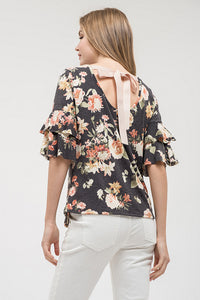 Charcoal Floral Knit Top With Ruffle Sleeve and Back Tie